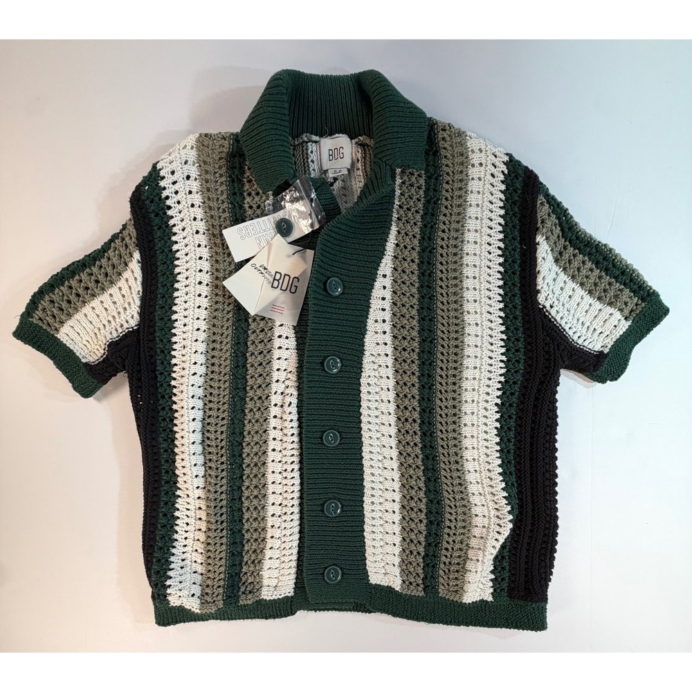 BDG Urban Outfitters Crochet Knit Button Down Cardigan Green Stripe Small NWT